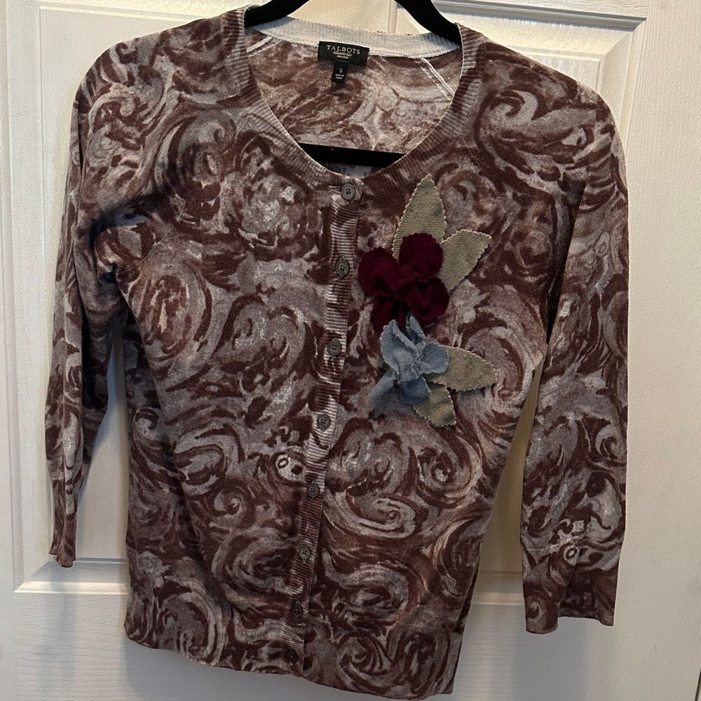Talbots Brown and Gray Cardigan with Floral Accents Size SP